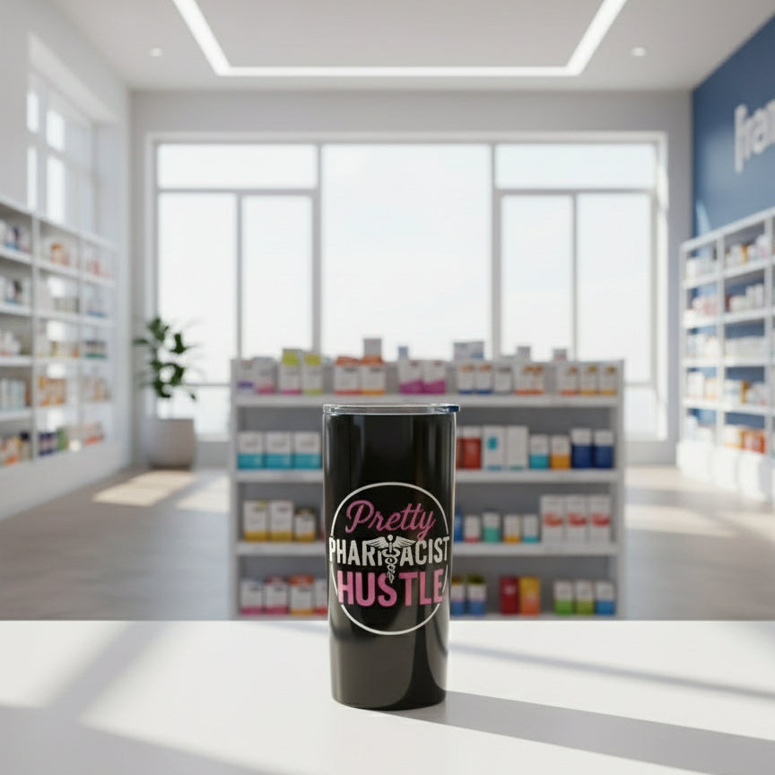Black tumbler with 'Pretty Pharmacist Hustle' text in a pharmacy setting